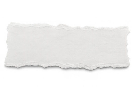 Ragged white paper sheet displaying torn edges, providing blank writing area on clean transparent backdrop for graphic design projects