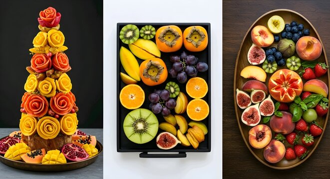 The image shows three different fruit platters, each with a unique arrangement and variety of fruits. AI Generated