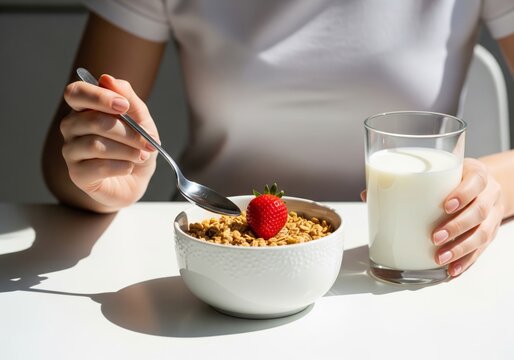 Healthy Breakfast with Granola, Strawberry and Glass of Milk – Clean Eating Concept