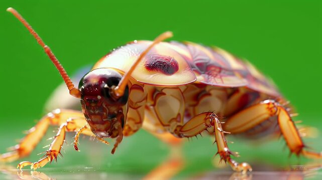 Macro shot of a brown patterned cockroach with long antennae on a vibrant green background