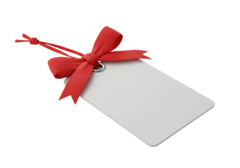 Pristine off-white blank tag with rounded corners and vibrant red satin bow, subtle shadow on transparent surface with copy space, premium branding potential