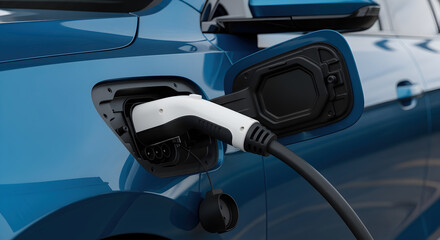 Close Up of a Blue Electric Car Charging With Cable Inserted Into Charging Port For Sustainable Transportation