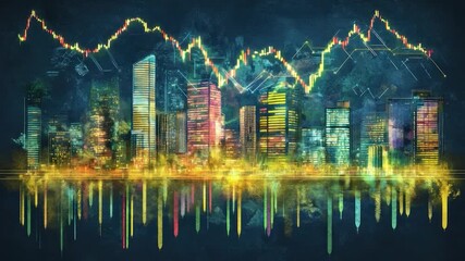 Colorful city skyline with financial data overlay - Powered by Adobe