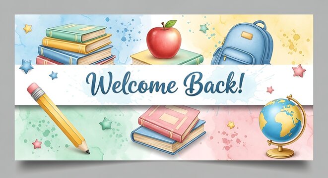 Welcome back banner featuring school supplies like books apple backpack pencil and globe - Powered by Adobe