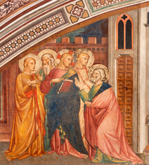 Obraz premium Prato - The detail of medieval fresco of The Calling of Saint Matthew in church San Francesco (Sala del Capitolo) by Niccolo Gerini (1395 - 1400).