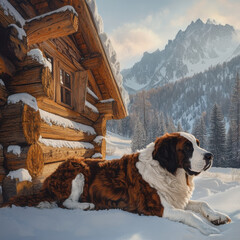 Fototapeta na wymiar Saint Bernard resting beside a log cabin in the mountains, cozy and warm atmosphere, UHD 8K 