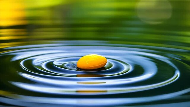 A vibrant yellow object rests on rippling water, surrounded by blurred green and yellow bokeh