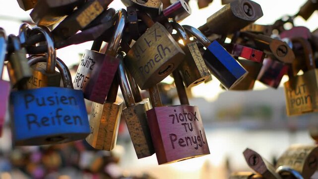 Love locks on a bridge at sunset. Symbol of enduring romance.