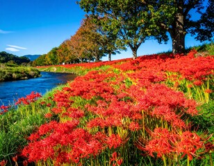 Autumnal riverbank ablaze with red flowers