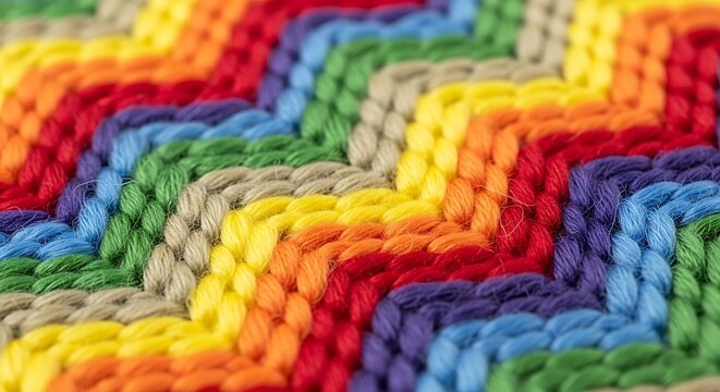 Vibrant rainbow chevron pattern created with textured yarn close up detail