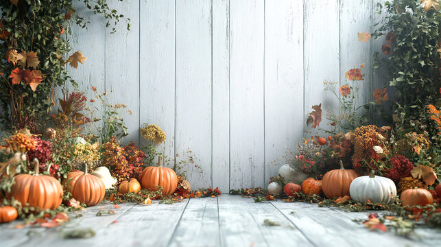 Thanksgiving cornucopia with pumpkins and fall veggies set against a rustic white wood backdrop