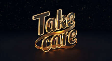 Transparent Take Care text design with golden accents on a dark background. 3D rendering of inspirational text with golden ribbon/loop for a motivational message.