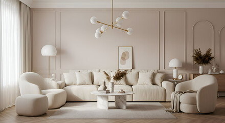 Beige living room with neutral tones, featuring a comfortable couch and armchairs, perfect for interior design inspiration.