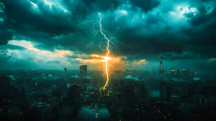 Obraz premium Thunder and lightning struck over the city, with sky view background