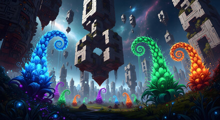 Obraz premium Surreal landscape of a distant alien world with vibrant bioluminescent flora and floating monolithic structures.
