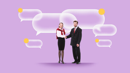Colorful collage of businesswoman and businessman shaking hands with speech bubbles. Concept of communication strategy, deal-making, digital collaboration, and corporate branding visuals.