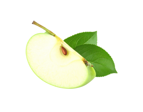 Fresh green apple slice with a visible seed stem and two vibrant green leaves.