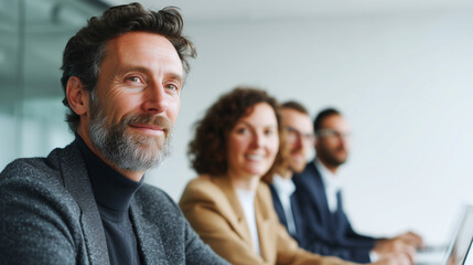 A diverse business team collaborating around laptops in a modern conference setting, engaged in strategic discussions and digital project planning—focused, connected, and driving innovative solutions