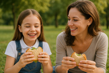 Mother and daughter enjoying sandwiches in park, sharing precious moments