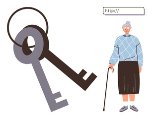 Elderly woman holding a cane, paired with two oversized traditional keys and a web search bar overhead. Ideal for themes on access, security, technology, independence, online safety, aging