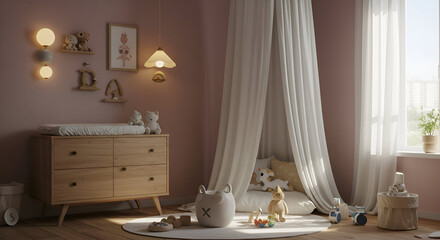 A light-filled nursery featuring neutral tones, wooden furniture, and soft textiles. A baby, a child, and toddlers are playing in the peaceful setting.