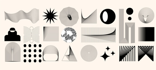 Abstract minimal element mid century vector set. Aesthetic contemporary stripe line art, geometric shape in mono chr o m e. 