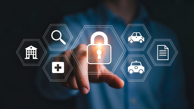 Person s finger touching a glowing digital padlock surrounded by icons representing various services - Powered by Adobe
