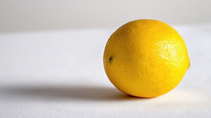 Single ripe lemon resting on white surface casting a shadow