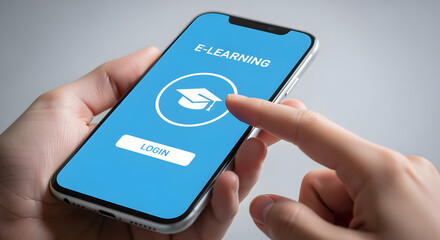 Close Up of Hands Holding Smart Phone with E Learning Application on Blue Screen in Soft Lighting