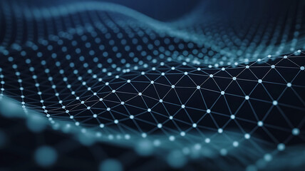 Abstract glowing blue digital network grid with interconnected nodes and lines creating a futuristic data flow pattern