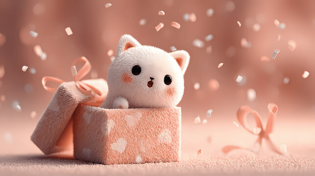 A cute, fluffy white kitten pops out of a pink gift box, filled with joy and confetti.