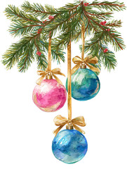 Watercolor Christmas Tree Branch with Hanging Pink, Green, and Blue Ornaments on Transparent Background  
