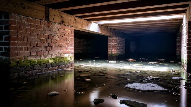 Waterlogged underground storage area featuring red brick walls and sturdy wooden joists