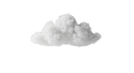 A perfectly sculpted, fluffy white cumulus cloud floats effortlessly against a transparent void with ample negative space, representing new ideas and conceptual thinking.