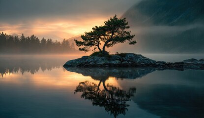 A solitary pine tree on a rocky islet, mirrored perfectly in a serene lake at sunrise. Misty mountains in the background
