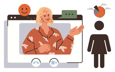 Woman presenting on screen during a virtual meeting, surrounded by a chart, speech bubble, happy, and figure. Ideal for remote work, communication, education, collaboration webinar analysis team