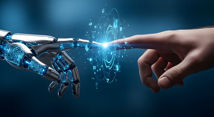 Humanity's connection with artificial intelligence, a human finger touches a robotic hand sparking a futuristic digital interface.