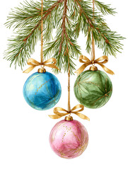 Watercolor Christmas Tree Branch with Hanging Pink, Green, and Blue Ornaments on Transparent Background  
