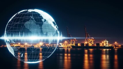Virtual world trade connections depicted by radiant globe graphic over serene nighttime freight port background.