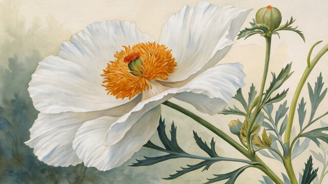 Matilija poppy (Romneya coulteri) painting by Mary Vaux Walcott&mdash;bold white petals and orange center