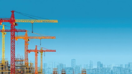 Construction cranes against a clear blue sky, with a cityscape in the background