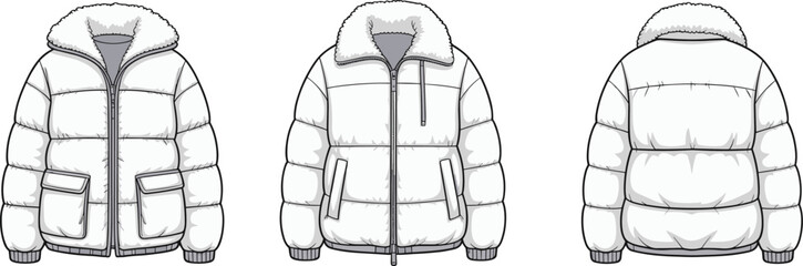 : Technical sketch of puffer jacket with front, side, and back view, winter outerwear flat design, vector fashion coat template, fur collar