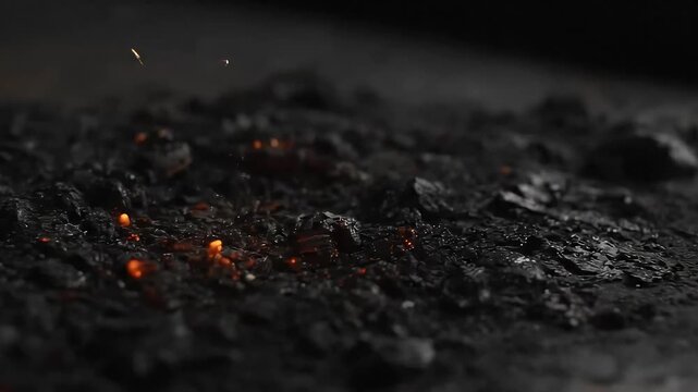 Close-up of glowing embers and sparks rising from dark, charred surface in a workshop setting - Powered by Adobe