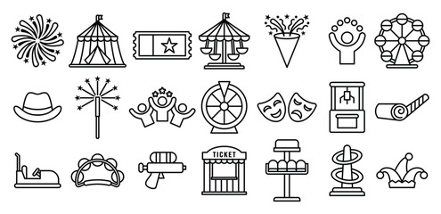 Carnival Line Icon Featuring Festive Designs Amusement and Entertainment, Fun, Party, Celebration, Holiday, Fair, Park, Symbol Vector Design Illustration Set