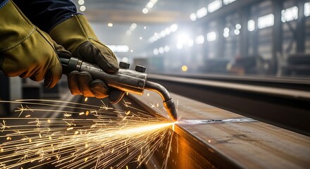 Close-up view of welder working with metal with sparks flying in factory, High-contrast image of a factory worker using welding torch in a large industrial building