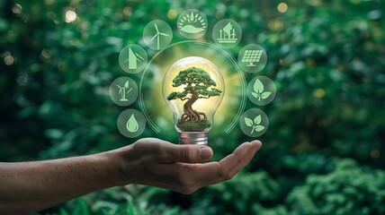 Bonsai tree in lightbulb surrounded by green energy icons