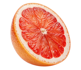 Fresh juicy red grapefruit half with detailed pulp and texture isolated on clean transparent background in PNG for citrus, healthy eating, and tropical food concepts