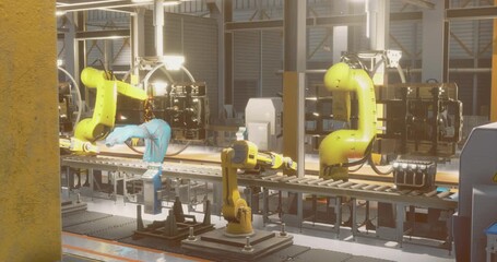 Two robotic arms engage in precise tasks on an assembly line, showcasing innovation in industrial automation. Bright lights illuminate the modern workspace filled with machinery.