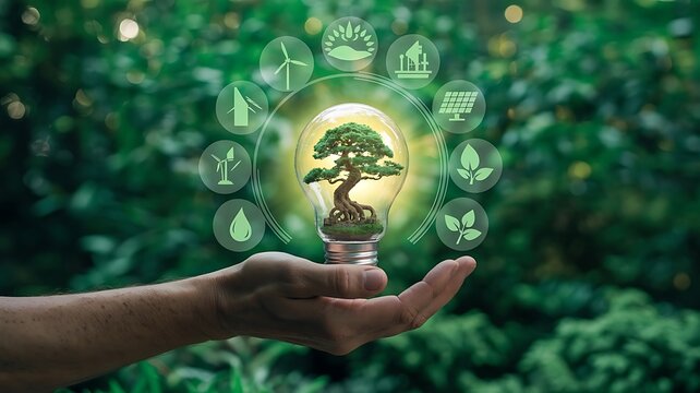 Bonsai tree in lightbulb surrounded by green energy icons