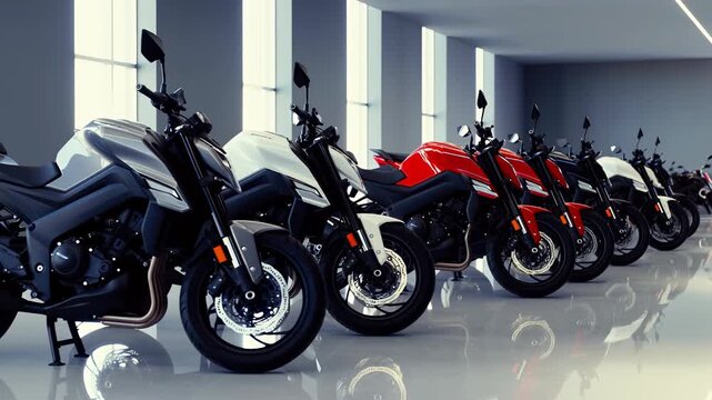 Vibrant motorbikes standing in sleek showroom, highlighting cutting edge design, powerful engineering, and modern aesthetic within pristine retail space